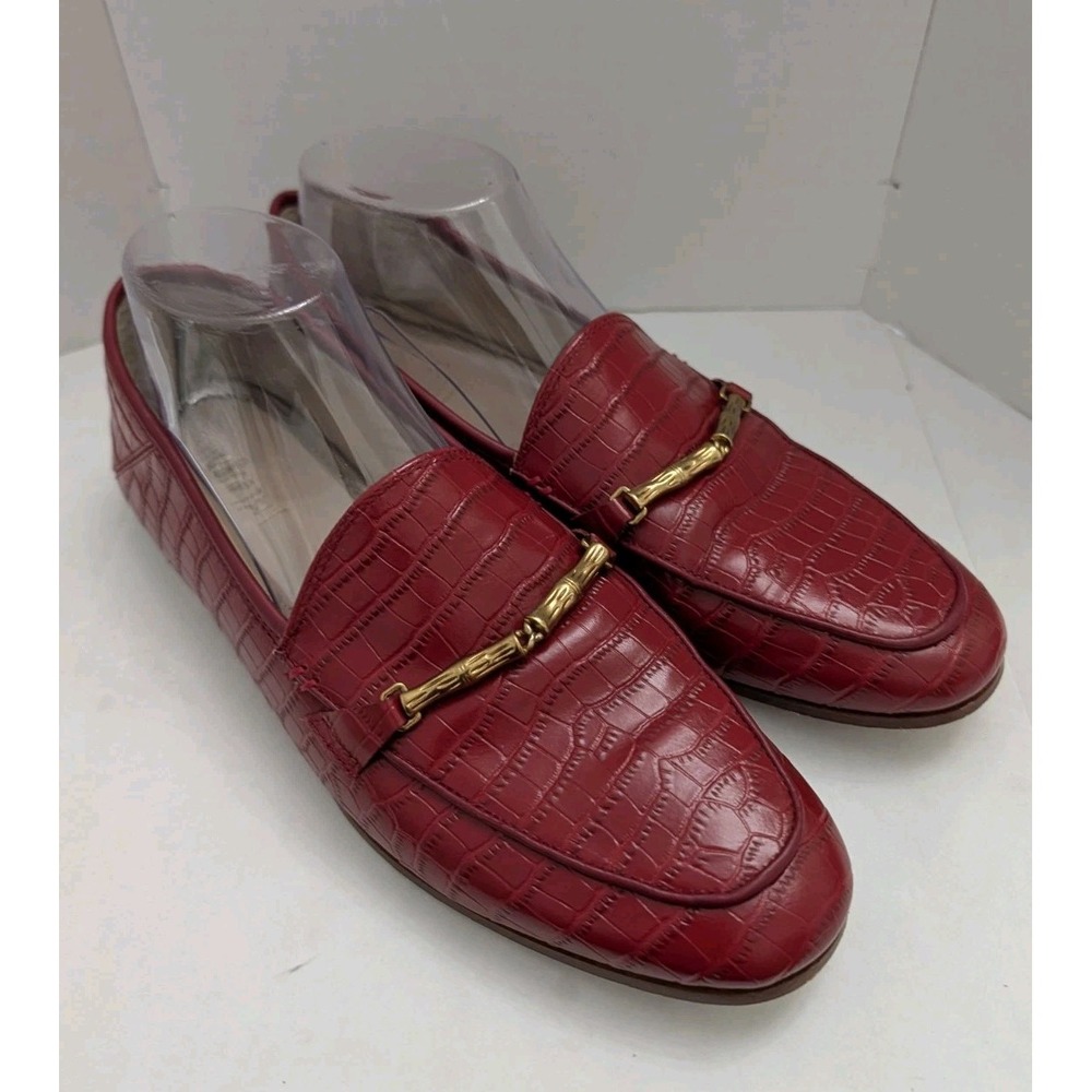 J. Mclaughlin Dillon Red Croc Skin Print Leather Loafers Sz 8M Bamboo Metal Gold